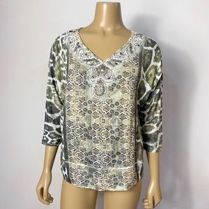 Chicos women’s mixed print v-neck embellished top